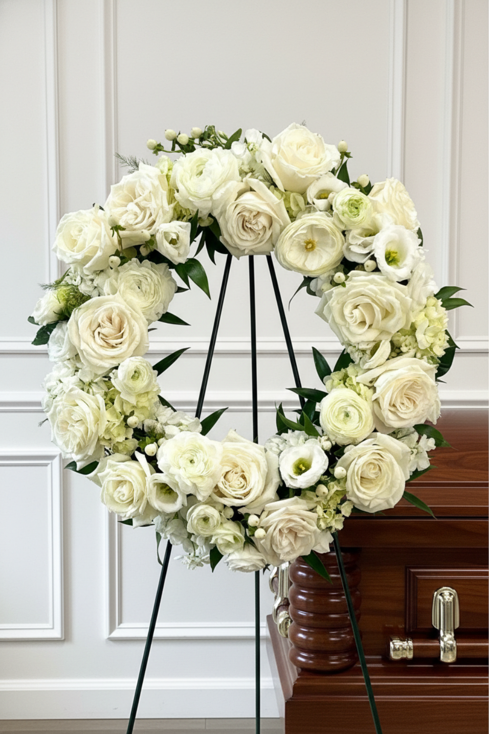 White rose and lily of the valley floral wreath on a black metal stand, positioned next to a dark wood casket in front of a white paneled wall.