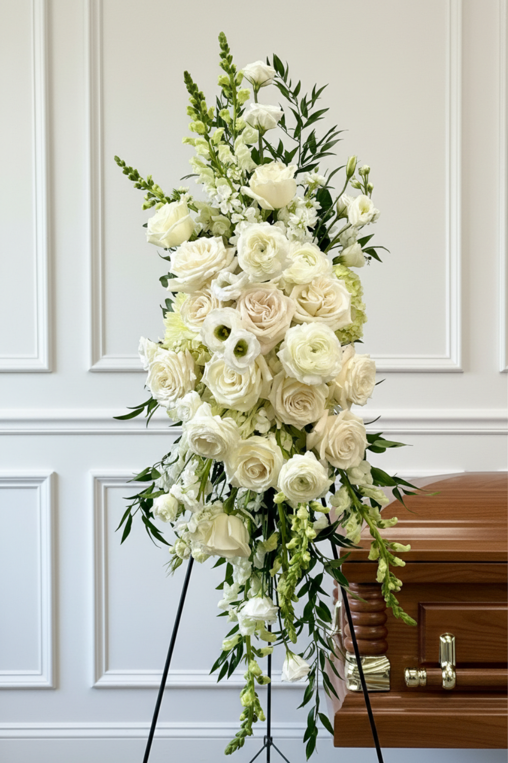 standing spray of all white flowers for funeral or memorial service.