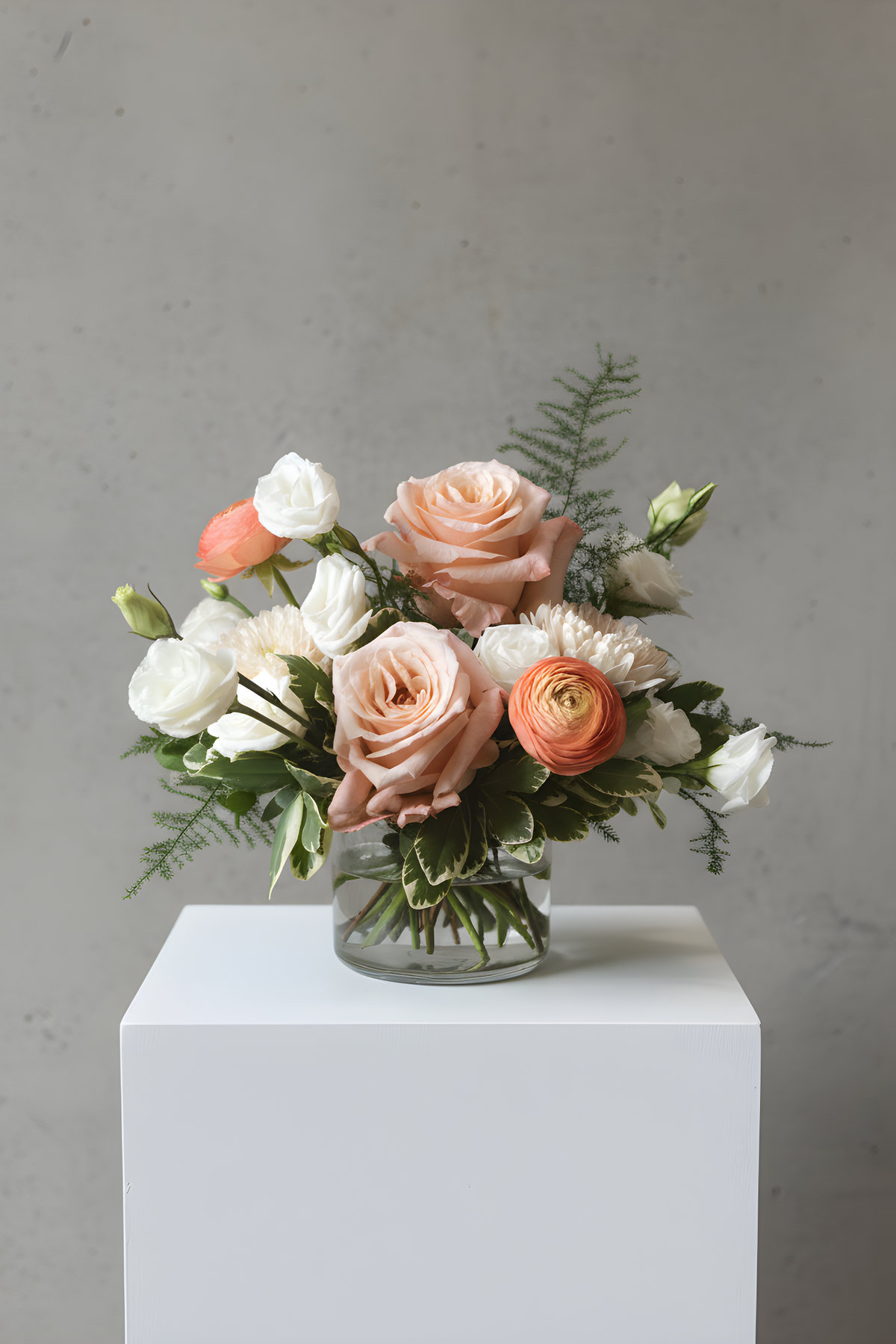 pink and white flowers designed in a vase, perfect for baby girl or sympathy bouquet