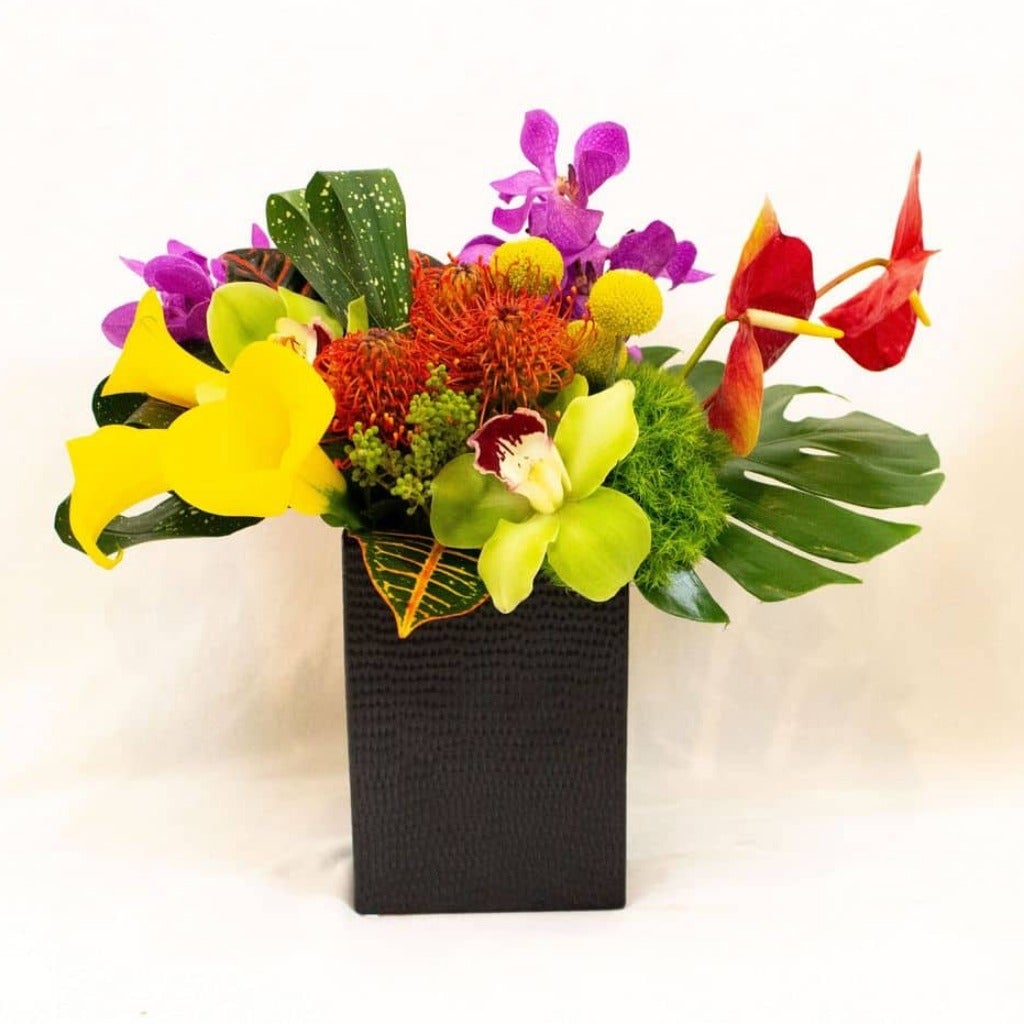 anthurium, orchids, protea, tropical leaves