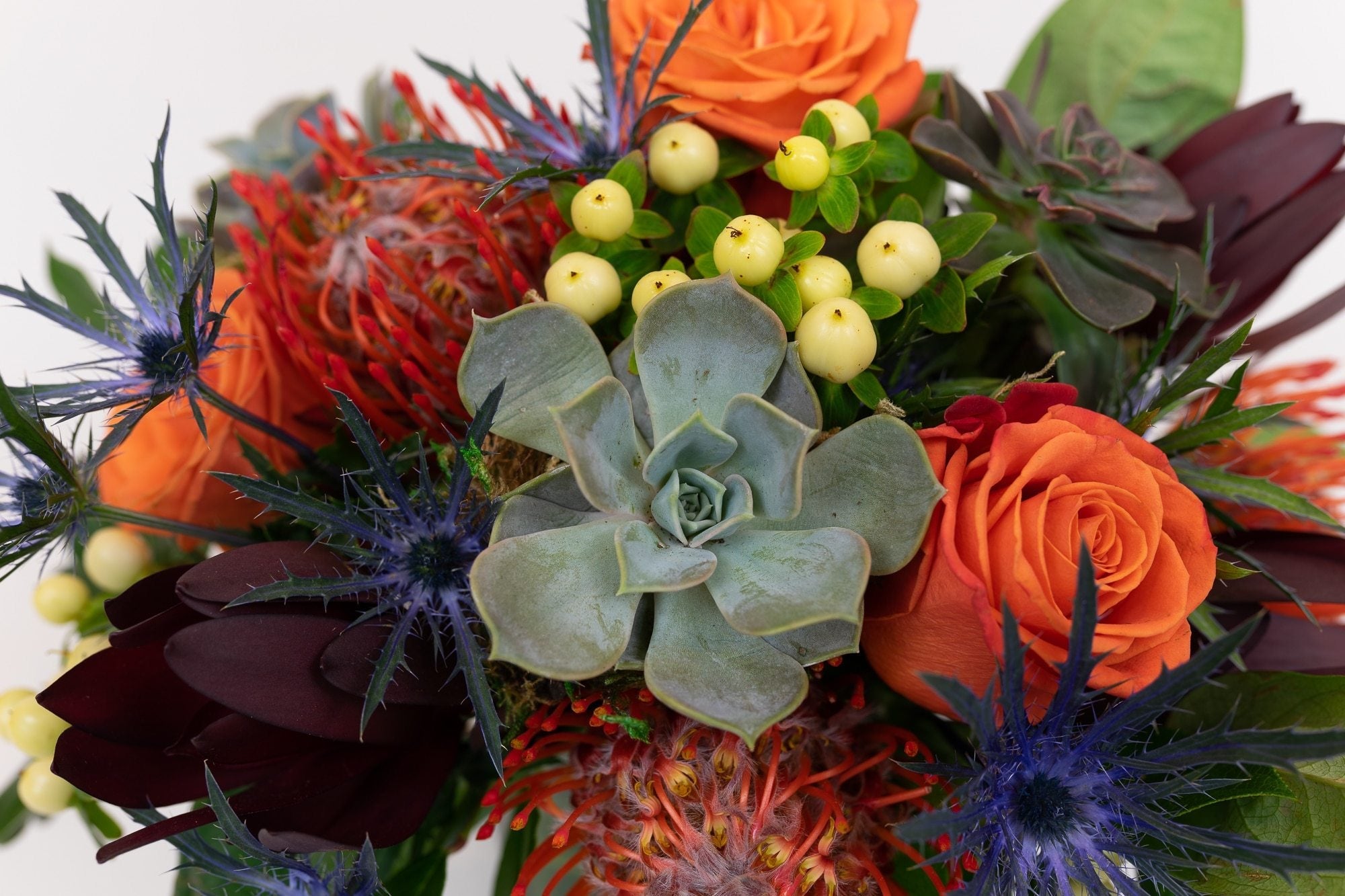 Orange Roses and Thistle Bouquet, Birthday Flower Delivery