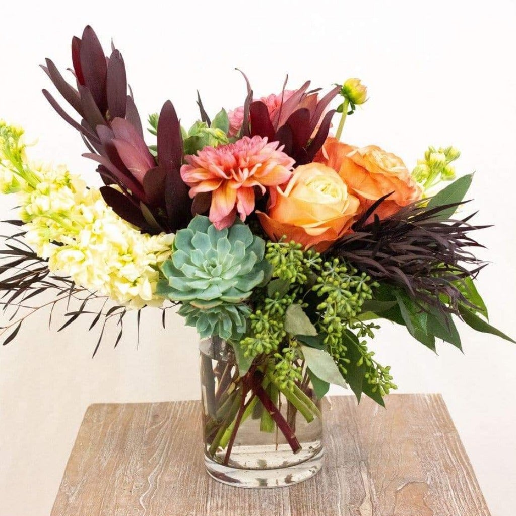 Succulent, roses, eucalyptus, stock, dahlias