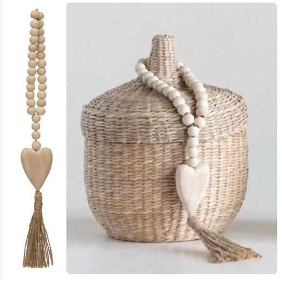 Wood Beads with Heart & Jute Tassel