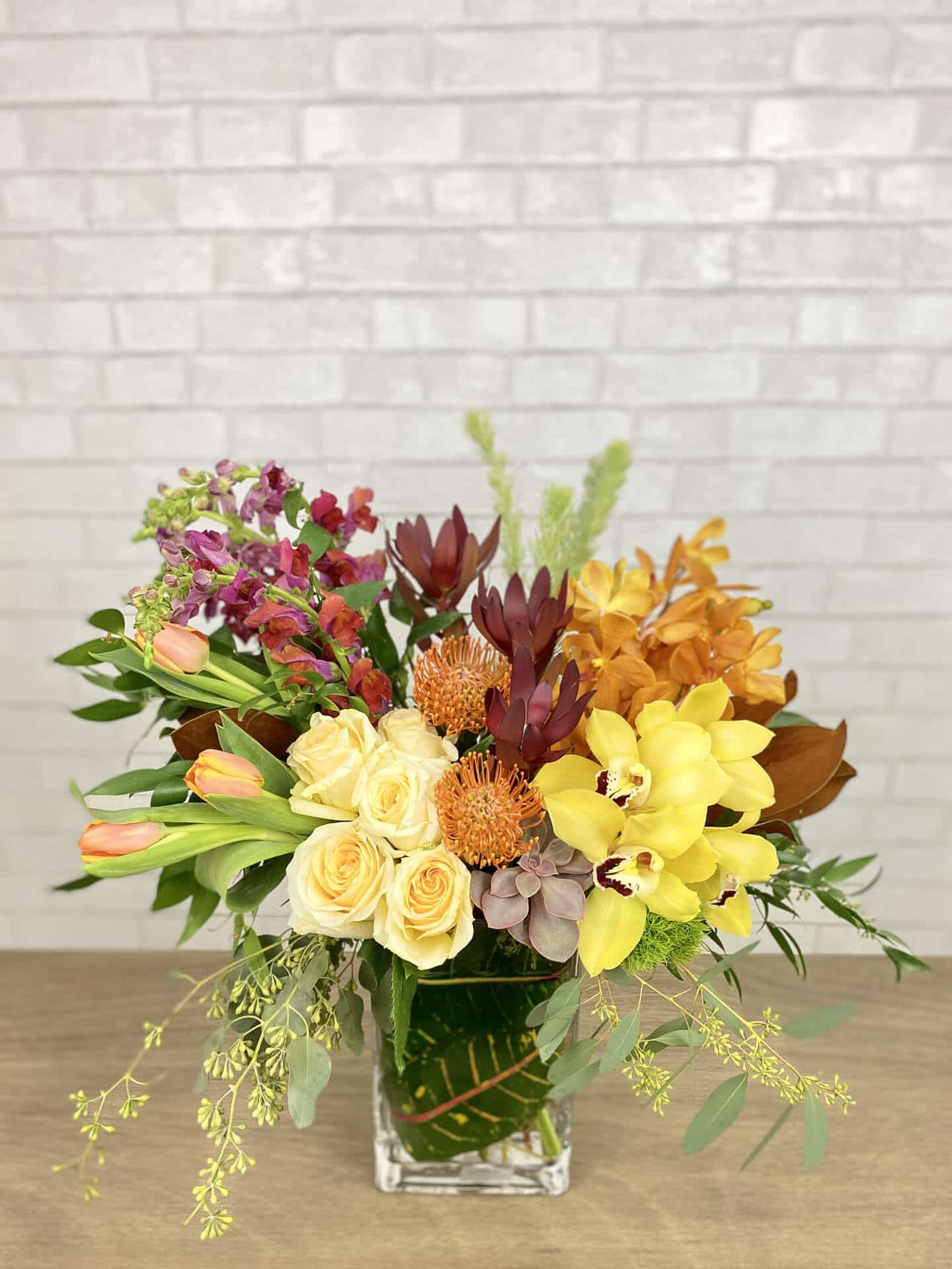 roses, orchids, tulips, succulents